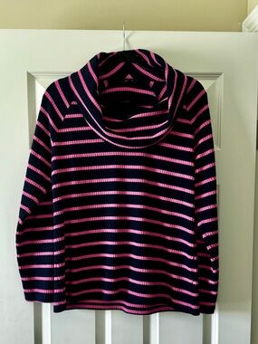 Talbots Navy and Pink Striped Waffle Cowl Neck Sweater L